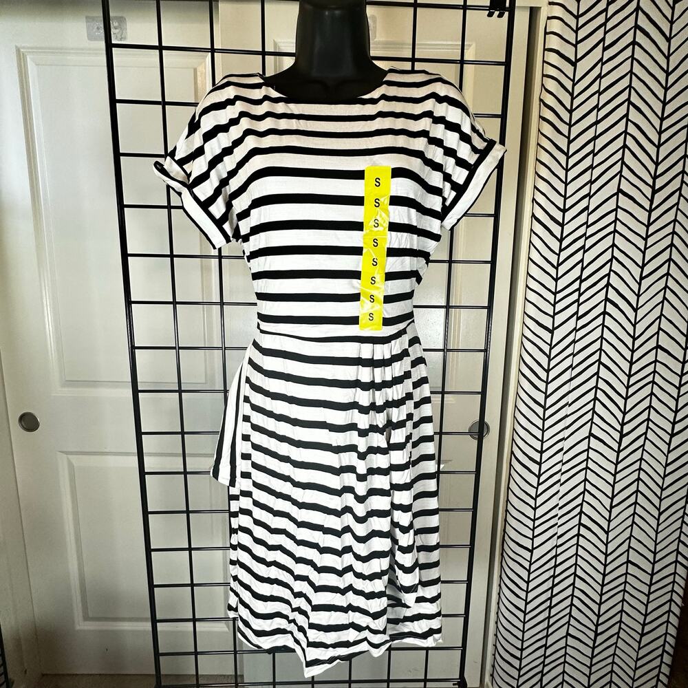 Chaps Womens Black White Striped Short Sleeve T Shirt Midi Dress Preppy